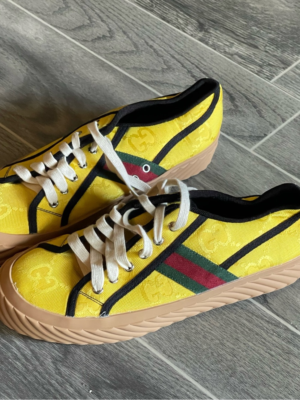 Yellow GG Jacquard Canvas Sneakers with Striped - Picture 2 of 3